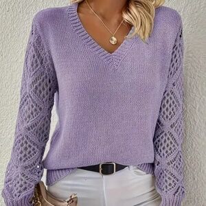 Lilac v-neck with pointelle knit sleeves, medium, $30.